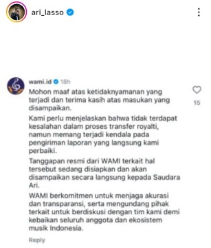 Ari Lasso unggah klarifikasi WAMI terkait polemik royalti yang terjadi di antara kedua belah pihak. [Instagram]